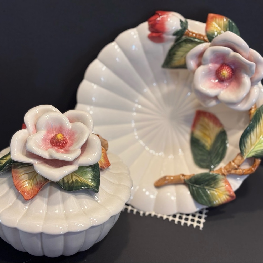 Fitz and Floyd Retired classics Wildrose&Magnolia blossom dish&bowl with lid